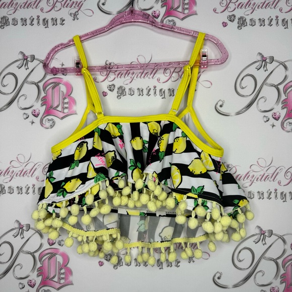 Betsy Johnson bikini top ruffle frilly Pom Pom trim Lemons π striped pink - Picture 8 of 12